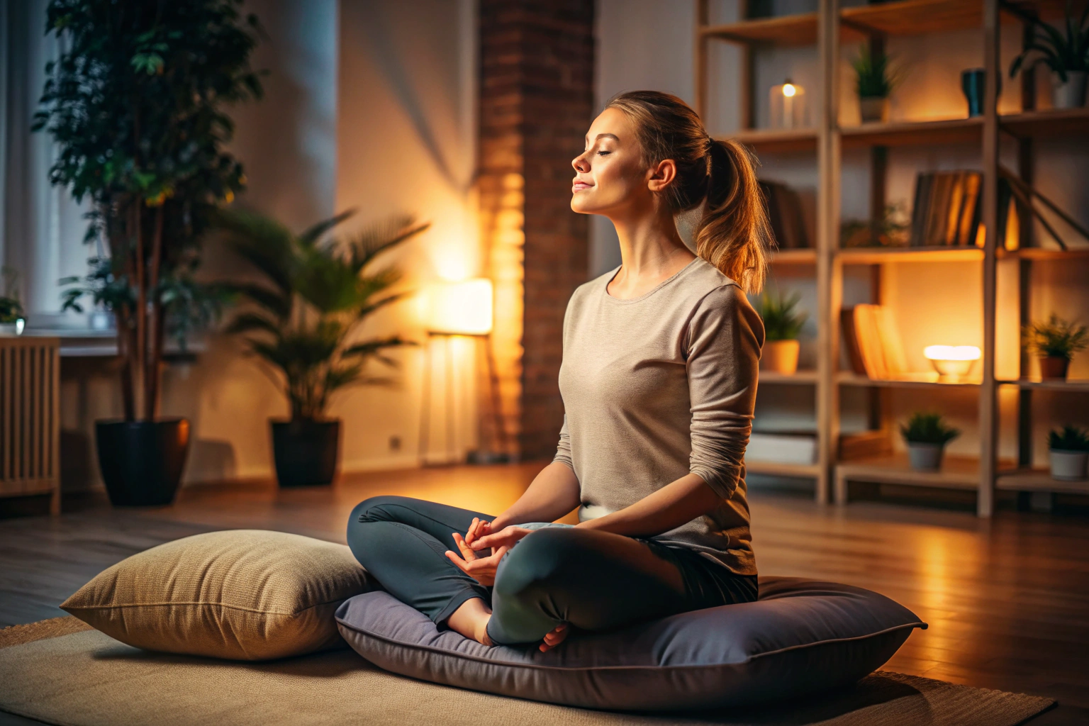 Eine Person, die auf einem Meditationskissen sitzt und tief atmet, mit entspannten Schultern und geschlossenen Augen, in einem ruhigen Raum mit gedämpftem Licht