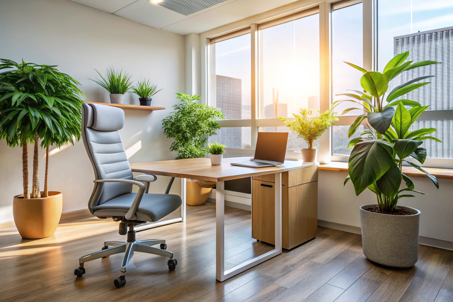 Ein ruhiges, hell erleuchtetes Büro mit einem sauberen Schreibtisch, einem Stuhl und einer Pflanze im Hintergrund, das eine einladende Atmosphäre vermittelt